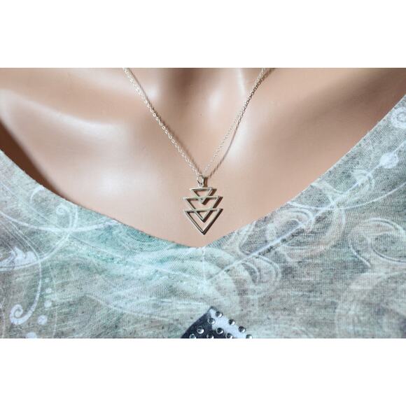 Sterling Silver Stacked Triangle Pendant Necklace - Picture 2 of 5